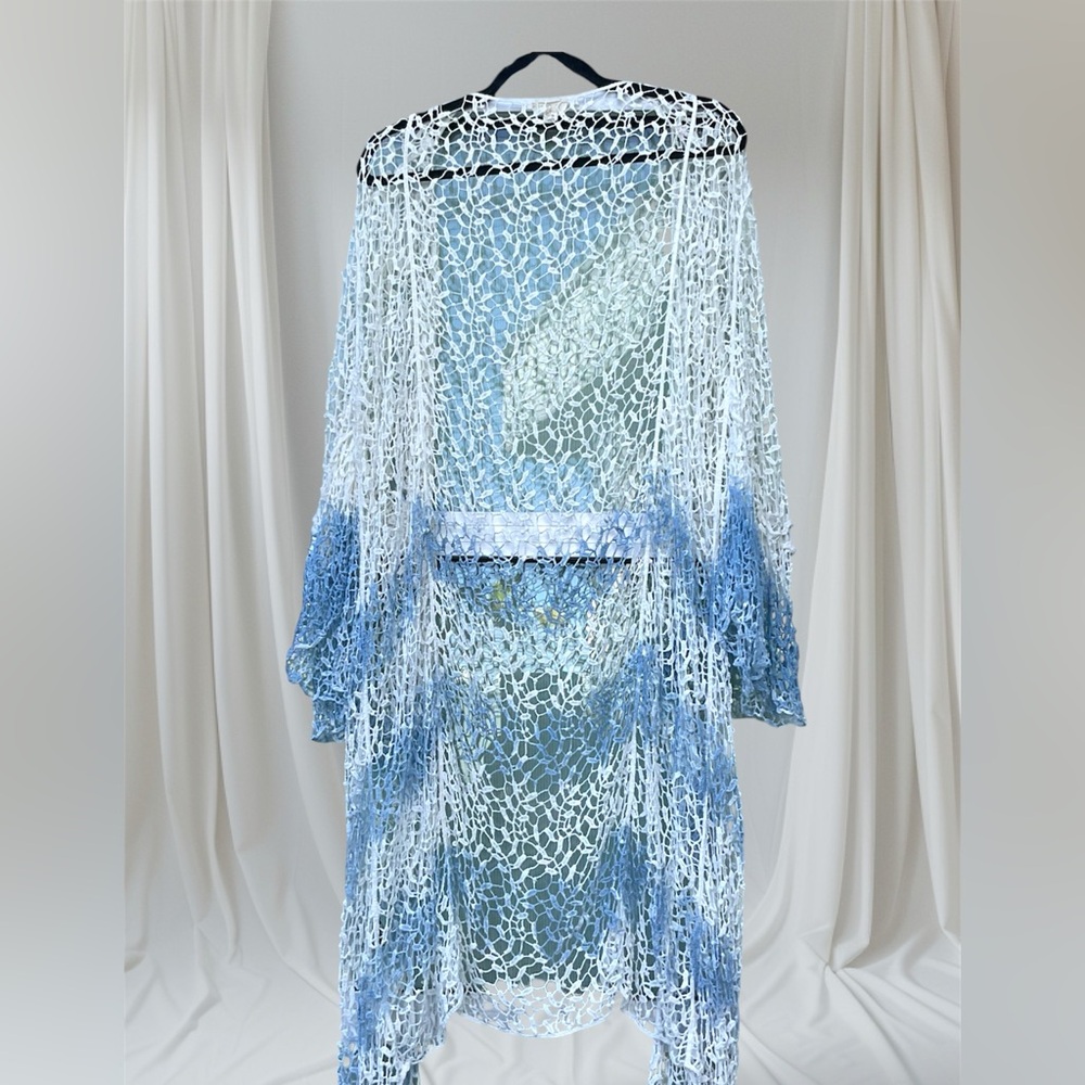 POL Open Crochet Duster Cardigan in White and Light Blue